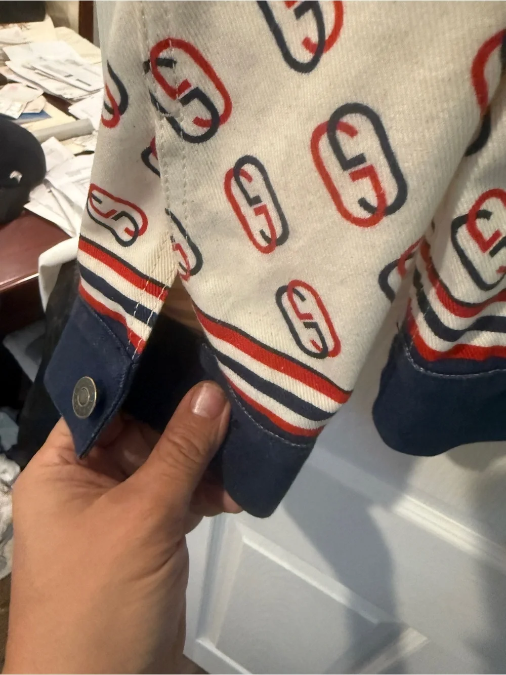 Gucci Cream Logo-Print Cotton Jacket with Navy & Red Trim